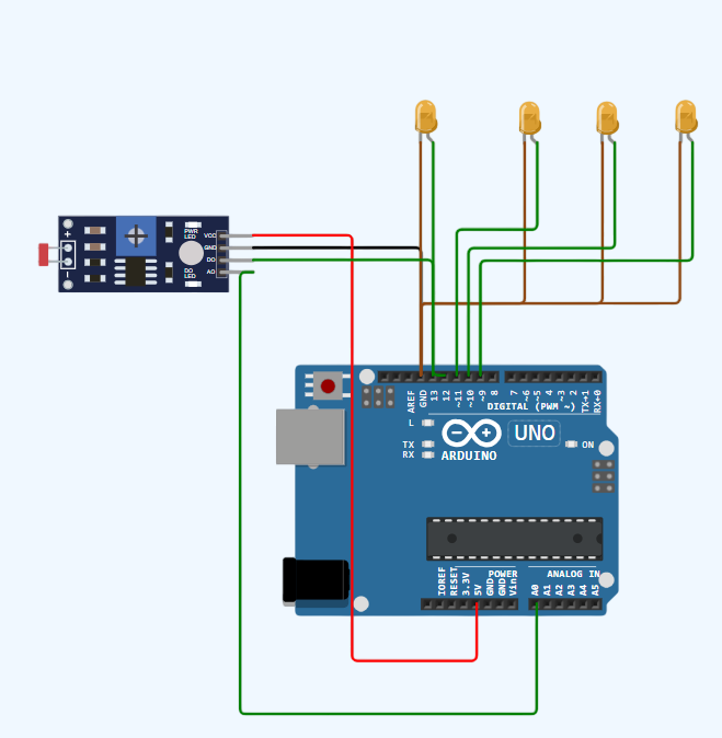 Schematic diagram showing an Arduino connected to an LED and a push button.